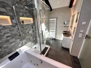 施利爾塞的住宿－AlpenOase - Schliersee，带淋浴和浴缸的浴室
