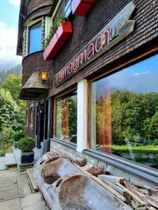 eine Ladefront mit einem großen Fenster mit einem großen Astigunigunigunigun in der Unterkunft Berghotel Almagmach in Immenstadt im Allgäu