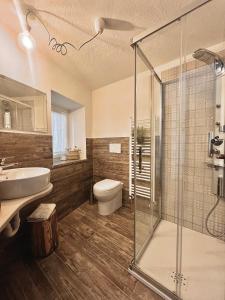 a bathroom with a shower and a toilet and a sink at Maison de la montagne - Chambres & Jacuzzi in Arvier