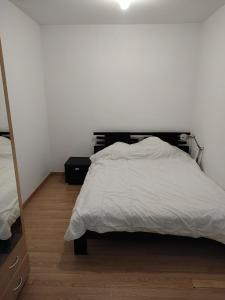 een slaapkamer met een bed met een wit dekbed bij Appartement 4 chambres, 5 lits et un canapé convertible in Annonay