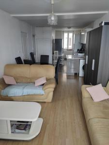 sala de estar con 2 sofás y cocina en Appartement 4 chambres, 5 lits et un canapé convertible en Annonay
