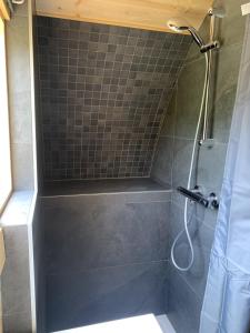 y baño con ducha y pared de azulejos. en Domaine Les Nids du Lac, en Sanchey