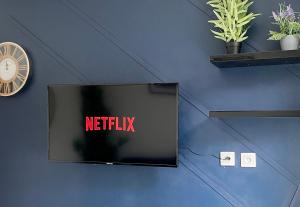einen Fernseher mit dem Netflix-Schild an der Wand in der Unterkunft L’oasis urbaine - Charmant studio proche de Paris in Alfortville