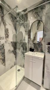 ein Bad mit einer Dusche, einem Waschbecken und einem Spiegel in der Unterkunft L’oasis urbaine - Charmant studio proche de Paris in Alfortville