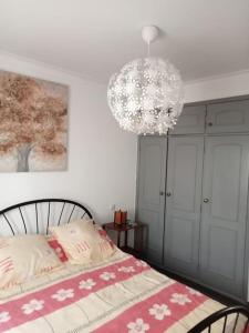 een slaapkamer met een bed en een kroonluchter bij Appartement Salir do Porto in Salir de Porto