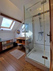 La salle de bains est pourvue d'une douche et d'un lavabo. dans l'établissement Countryhouse close to Senlis and Parc Asterix, à Thiers-sur-Thève