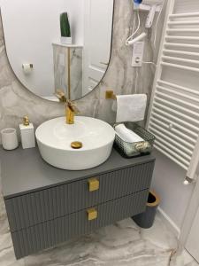 a bathroom with a sink and a mirror at Elite Apartment in Sibiu