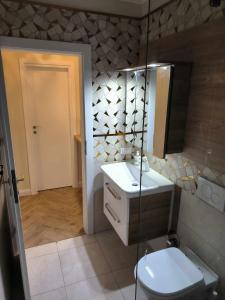 W łazience znajduje się toaleta, umywalka i lustro. w obiekcie Luxury Airport Retreat w Klużu-Napoce