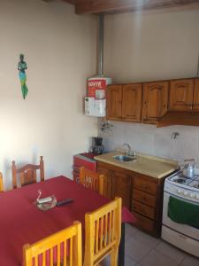 cocina con mesa, fregadero y fogones en F R F departamentos turisticos en San Rafael