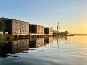 a large body of water with buildings and a windmill at See Schmetterling (Fjäril) in Wismar
