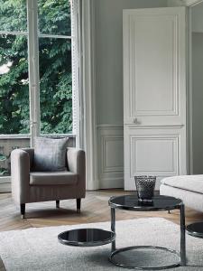 ein Wohnzimmer mit einem Stuhl und einem Couchtisch in der Unterkunft Grand appartement d'exception au Château Randin in Écully