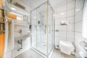 a bathroom with a shower and a toilet and a sink at Hotel Rheinfels in Sankt Goar