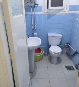 a blue tiled bathroom with a toilet and a sink at Agami Guest House in Alexandria