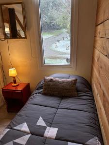 um quarto com uma cama e uma janela em Casita Silvestre y Casa Rosa em Villa La Angostura