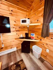 een kamer met een houten muur, een magnetron en een televisie bij Willow Cabin in Thompsonville