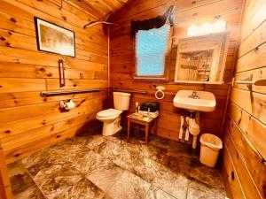 een houten badkamer met een toilet en een wastafel bij Willow Cabin in Thompsonville