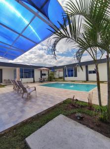 a patio with a swimming pool and a palm tree at Cabañas Compostela gigante in Gigante