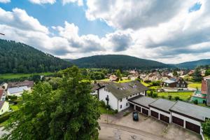 una vista aérea de una pequeña ciudad en las montañas en Schwarzwaldsuite mit Panorama Waldblick en Enzklösterle