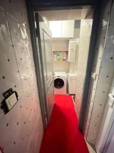 a bathroom with a toilet and a red carpet at TAKSİM PERA House in Istanbul