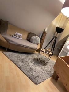 a living room with a couch and a rug at Schönes Zimmer in Einfamilienhaus in ruhiger Lage in Ober-Ramstadt