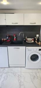 a white kitchen with a sink and a washing machine at calme appartement de vacances in Écouen