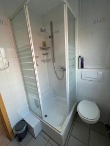a bathroom with a shower and a toilet at Auszeit im Pott - Ferienwohnung Minze in Herten +15 photos
