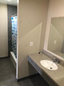 a bathroom with a sink and a mirror and a shower at Star Motel in Norwalk