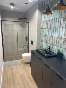 a bathroom with a toilet and a sink and a shower at Apartamenty Fuleda nad jeziorem Dobskim Mazury Holiday in Fuleda
