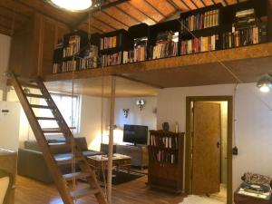 アンタルヤにあるAntalya kaleiçi bahçeli özel muhteşem müstakil villaのリビングルーム(書籍付きのロフトベッド付)
