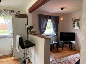 a living room with a bar and a television at Bärsta BnB in Kolbäck