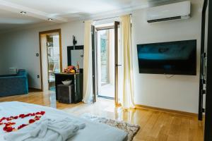 1 dormitorio con TV en la pared y 1 cama en HOTEL Villa Cvijanović - WELLNESS-SPA, en Palić