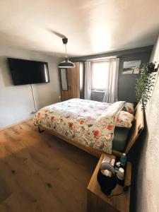 1 dormitorio con 1 cama y TV en Le petit Broux, en Aywaille