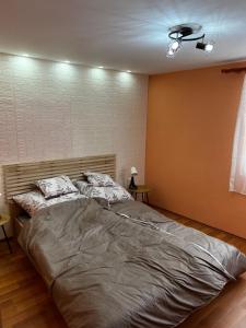 a large bed in a bedroom with a ceiling fan at TM House Sástó in Mátrafüred