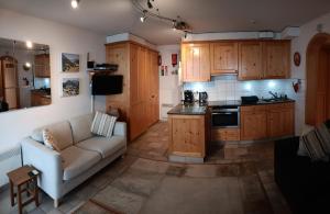 ein Wohnzimmer mit einem Sofa und einer Küche in der Unterkunft Modern apartment in Chatel with fantastic views in Châtel