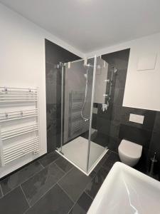 ein Bad mit einer Dusche und einem WC in der Unterkunft Modern Apartment Mainz by PMA in Mainz