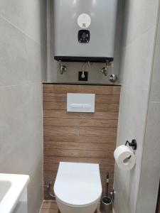 a bathroom with a toilet and a tv on the wall at Potkrovlje u centru in Sarajevo