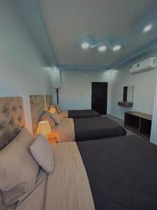 1 dormitorio con 2 camas y 2 lámparas. en Leen Guest House en Wadi Musa