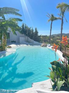 een groot zwembad met blauw water en palmbomen bij Finca el Atardecer-Luna in Los Santos de Maimona