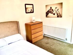 a bedroom with a bed and a dresser with two giraffes at The Washington Sleeps 10 people park 4 cars in Bristol