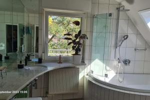 a bathroom with a shower and a sink and a window at Modernes Apartment mit 3 Zimmern in Karlsruhe +14 photos