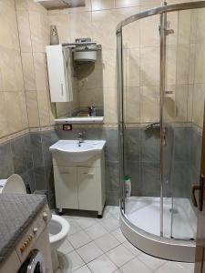 uma casa de banho com um chuveiro, um lavatório e um WC. em Cozy apartment at Sunny Hill em Tirana
