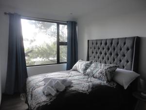 a bed with two teddy bears on it with a window at Hermoso Shanti House en Vista Hermosa 2 Edificio SQ in Guatemala