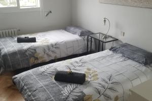 a bedroom with two beds and a table with a lamp at Casa de Mirtha in Madrid +7 photos