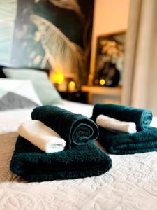 twee groene handdoeken bovenop een bed bij Appartement T3 Cosy vue port in Lattes