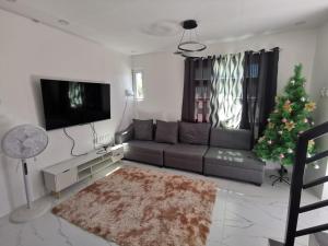 ein Wohnzimmer mit Sofa und Weihnachtsbaum in der Unterkunft JRLB PLACE - Accommodation in Concepcion, Tarlac in Concepcion