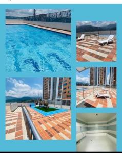a collage of photos of a pool and a bridge at Apartamento en Bucaramanga in Bucaramanga