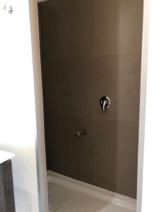 een douche in een badkamer met een glazen deur bij Yolier Suites in Santiago
