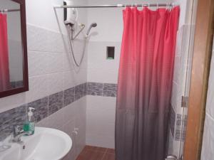 a bathroom with a shower curtain and a sink at Sarah's Garden BnB & Spa in Tontunan