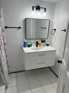 uma casa de banho com um lavatório branco e um espelho. em Executive Guesthouse em Middletown