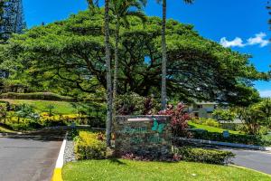 Kapalua Golf Villas 15P5-6 condo في Kahana: علامة على جانب الطريق مع الأشجار